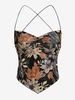 ZAFUL Haut Croisé Ouvert Au Dos Fleuri en Maille Transparente à Bretelle S Café profond