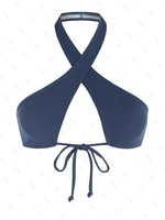 ZAFUL Haut de Bikini Côtelé Croisé avec Nœud Papillon à Col Halter L Bleu profond