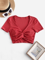 ZAFUL Haut de Maillot de Bain Côtelé Tordu en Avant à Col V M Rouge lave