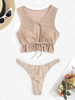 ZAFUL Haut de Tankini Texturé Léopard à Cordon et Bas de Bikini Taille unique Café lumière