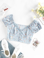 ZAFUL Haut de Trayeuse Court Fleuri à Volants Xl Bleu clair