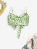 ZAFUL Haut Drapé Court à Bretelle Fleuri avec Nœud Papillon M Vert clair