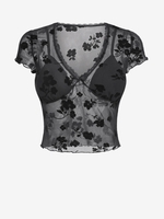 ZAFUL Haut Fleuri en Maille Transparente à Manches Courtes à Col V S Noir