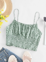 ZAFUL Haut Fleuri Plissé à Volants à Bretelle Xl Vert clair