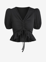 ZAFUL Haut Péplum Côtelé Manches Bouffantes Ourlet à Volants S Noir
