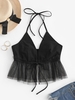 ZAFUL Haut Péplum Noué en Maille Transparente à Col Halter L Noir
