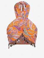ZAFUL Haut Tube Sexy Croisé Ethnique Fleuri Imprimé à Frange à Col Halter S Orange