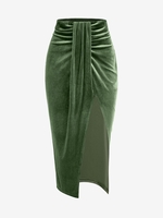 ZAFUL Jupe Mi-Longue Drapée à Fente Haute en Velours M Vert clair