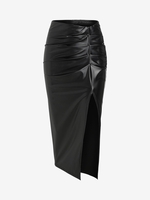 ZAFUL Jupe Mi-Longue Fendue en Avant en Cuir PU à Volants M Noir
