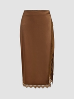 ZAFUL Jupe Mi-Longue Fendue en Dentelle Insérée en Satin S Café profond