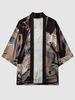 ZAFUL Kimono Décontracté à Imprimé Grue à Manches Courtes 2xl Brun chêne