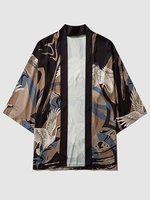 ZAFUL Kimono Décontracté à Imprimé Grue à Manches Courtes 2xl Brun chêne