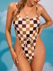 ZAFUL Maillot de Bain à Carreaux à Coupe Haute Une-Pièce L Café