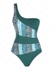 ZAFUL Maillot de Bain à Imprimé Ethnique Côtelé à Une Epaule Une-Pièce L Vert profond
