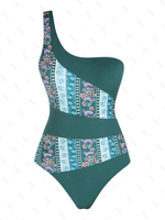 ZAFUL Maillot de Bain à Imprimé Ethnique Côtelé à Une Epaule Une-Pièce L Vert profond