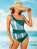 ZAFUL Maillot de Bain à Imprimé Ethnique Côtelé à Une Epaule Une-Pièce M Vert profond