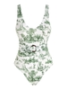 ZAFUL Maillot de Bain à Imprimé Toile De Jouy Ceinturé Bouclé en O Une-Pièce M Vert clair