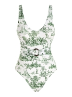 ZAFUL Maillot de Bain à Imprimé Toile De Jouy Ceinturé Bouclé en O Une-Pièce M Vert clair