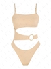 ZAFUL Maillot de Bain Asymétrique Découpé Côtelé Anneau en O Une-Pièce L Café lumière
