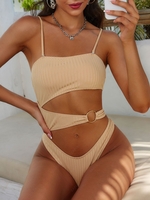 ZAFUL Maillot de Bain Asymétrique Découpé Côtelé Anneau en O Une-Pièce M Café lumière
