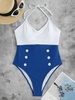 ZAFUL Maillot de Bain Bicolore Boutonné à Col Halter Une-Pièce S Bleu