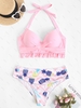 ZAFUL Maillot de Bain Bikini à Imprimé Ananas de Grande Taille à Volants à Col Halter Xl Rose clair
