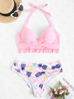 ZAFUL Maillot de Bain Bikini à Imprimé Ananas de Grande Taille à Volants à Col Halter Xl Rose clair