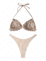 ZAFUL Maillot de Bain Bikini à Imprimé Animal à Volants à Col Halter Taille unique Café lumière