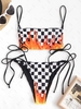 ZAFUL Maillot de Bain Bikini à Imprimé Flamme à Carreaux à Lacets L Noir
