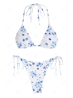ZAFUL Maillot de Bain Bikini à Imprimé Fleuri à Volants à Cordon L Blanc