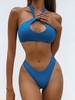 ZAFUL Maillot de Bain Bikini à Jambe Haute à Col Halter avec Trou de Serrure S Bleu