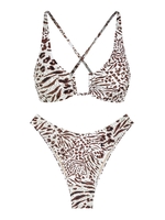 ZAFUL Maillot de Bain Bikini Animal Imprimé Croisé à Jambe Haute à Lacets Xs Café