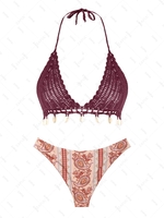 ZAFUL Maillot de Bain Bikini Au Crochet Coquille et Cachemire Imprimé à Frange Style Bohémien Taille unique Rouge foncé