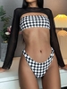 ZAFUL Maillot de Bain Bikini Bandeau à Coupe Haute Trois Pièces Damier L Noir