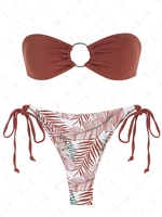ZAFUL Maillot de Bain Bikini Bandeau Côtelé à Imprimé Fleur Bague en O L Café