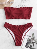 ZAFUL Maillot de Bain Bikini Bandeau Côtelé à Ourlet en Laitue S Rouge vineux