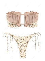 ZAFUL Maillot de Bain Bikini Bandeau Côtelé Animal à Pois Noué à Côté M Café lumière