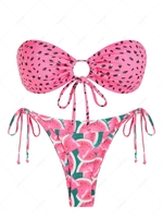 ZAFUL Maillot de Bain Bikini Bandeau Côtelé Pastèque à Pois L Rose clair