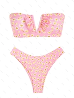 ZAFUL Maillot de Bain Bikini Bandeau Fleuri Côtelé à Armature en V L Rose léger