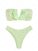 ZAFUL Maillot de Bain Bikini Bandeau Fleuri Côtelé à Armature en V L Vert clair