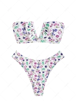 ZAFUL Maillot de Bain Bikini Bandeau Fleuri Côtelé à Armature en V M Pourpre