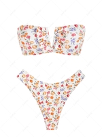 ZAFUL Maillot de Bain Bikini Bandeau Fleuri Côtelé à Armature en V S Blanc