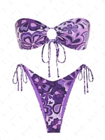 ZAFUL Maillot de Bain Bikini Bandeau Fleuri Noué à Côté M Pourpre