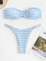 ZAFUL Maillot de Bain Bikini Bandeau Rayé Anneau en O à Coupe Haute M Bleu clair