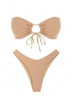 ZAFUL Maillot de Bain Bikini Bandeau Texturé à Jambe Haute à Volants S Café lumière
