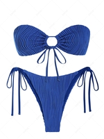 ZAFUL Maillot de Bain Bikini Bandeau Texturé Cintré Noué à Côté L Bleu profond