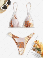 ZAFUL Maillot de Bain Bikini Bohème à Imprimé Ethnique Cachemire à Jambe Haute Anneau en O Taille unique Orange clair