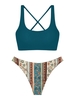 ZAFUL Maillot de Bain Bikini Bohème à Imprimé Ethnique Croisé Au Dos à Col U Taille unique Vert profond