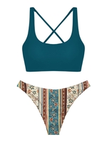 ZAFUL Maillot de Bain Bikini Bohème à Imprimé Ethnique Croisé Au Dos à Col U Taille unique Vert profond
