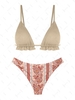ZAFUL Maillot de Bain Bikini Bohème Cheeky à Imprimé Ethnique à Volants Taille unique Café lumière